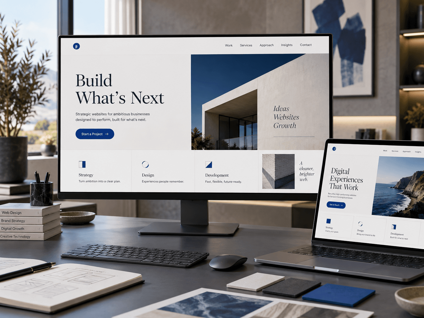 Website design workspace with desktop and laptop screens